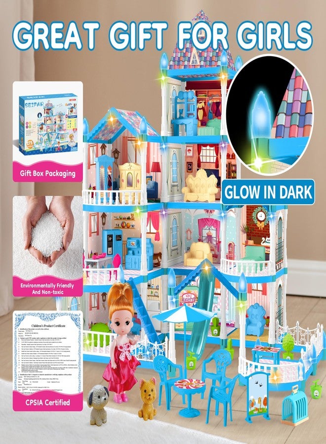 Seifar Doll House for Girls,10 Rooms Blue House Toy with Doll Figures, Puppies, Lights, Furnitures, Accessories, Kids Playhouse Gift for for 3 4 5 6 7 8 9 10 Year Old - Image 2